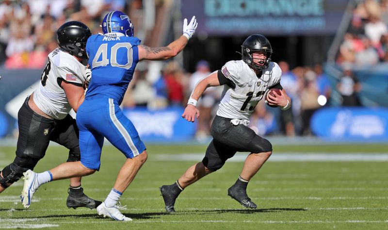 Nov 4, 2023; Denver, Colorado, USA; Army Black Knights quarterback Bryson Daily (13) runs with the ball against the Air Force Falcons during the first half at Empower Field at Mile High. Mandatory Credit: Danny Wild-USA TODAY Sports