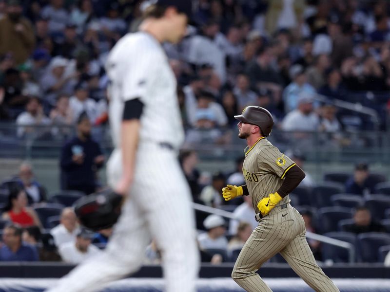 May 7, 2025; Bronx, New York, USA; San Diego Padres center fielder Jackson Merrill (3) rounds the bases after hitting a solo home run against New York Yankees starting pitcher Max Fried (54) during the fourth inning at Yankee Stadium. Mandatory Credit: Brad Penner-Imagn Images