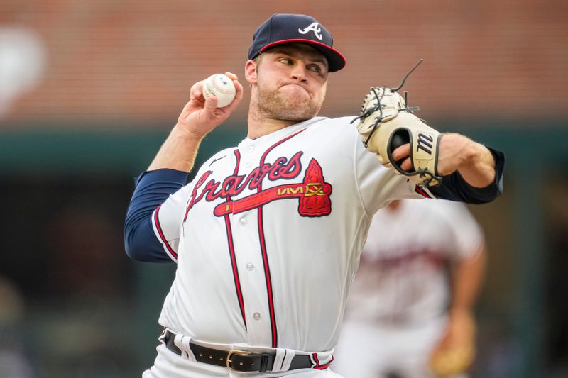 Aug 15, 2023; Cumberland, Georgia, USA; Atlanta Braves starting pitcher Bryce Elder (55) pitches against the New York Yankees during the first inning at Truist Park. Mandatory Credit: Dale Zanine-USA TODAY Sports