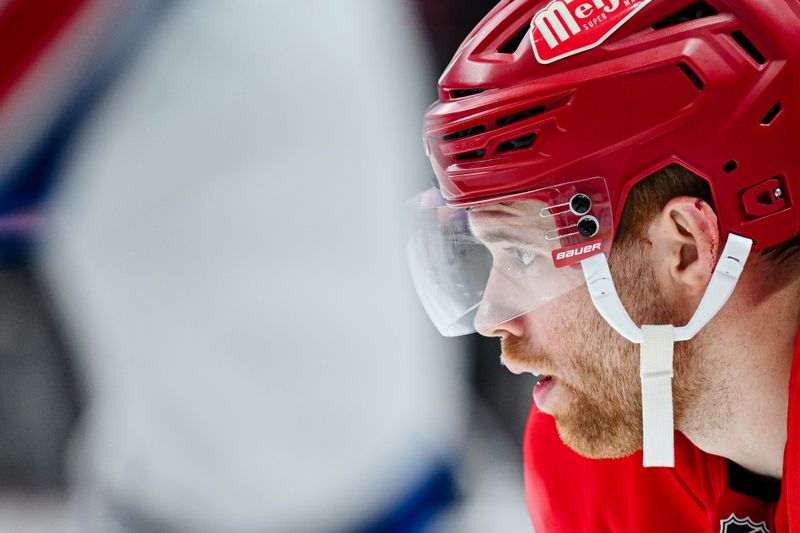 Nov 7, 2025; Detroit, Michigan, USA; Detroit Red Wings left wing J.T. Compher (37) during the second period against the New York Rangers at Little Caesars Arena. Mandatory Credit: Tim Fuller-Imagn Images