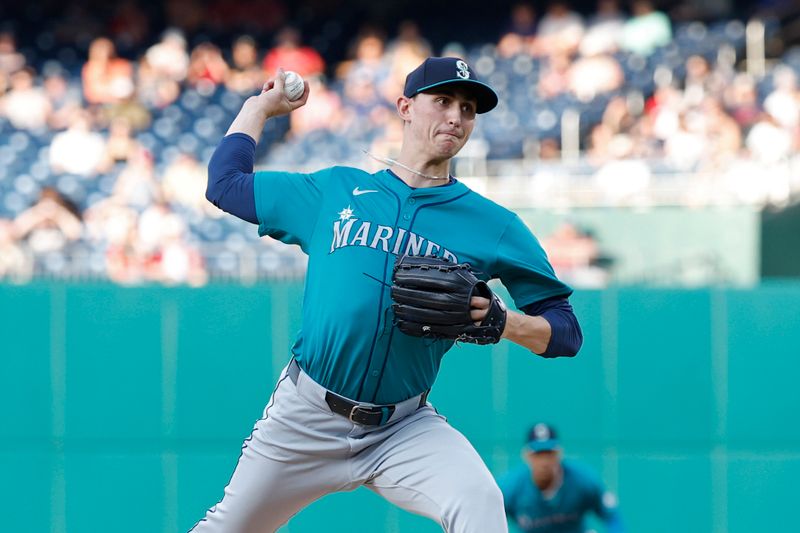 May 24, 2024; Washington, District of Columbia, USA; Seattle Mariners starting pitcher George Kirby (68) pitches against the Washington Nationals during the first inning at Nationals Park. Mandatory Credit: Geoff Burke-USA TODAY Sports