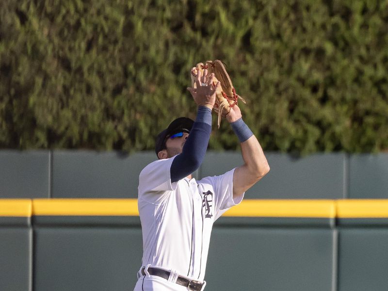 Aug 22, 2023; Detroit, Michigan, USA; Detroit Tigers right fielder Matt Vierling (8) catches a fly ball for an out against the Chicago Cubs at Comerica Park. Mandatory Credit: David Reginek-USA TODAY Sports