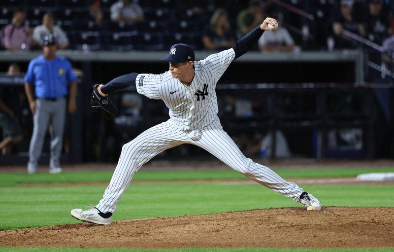 Mar 6, 2026; Tampa, Florida, USA; New York Yankees pitcher Tim Hill (41) throws a pitch during the third inning against the Tampa Bay Rays at George M. Steinbrenner Field. Mandatory Credit: Kim Klement Neitzel-Imagn Images