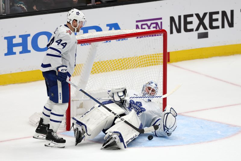 Jan 3, 2024; Anaheim, California, USA; Toronto Maple Leafs goaltender Martin Jones (31) defends the goal during the third period against the Anaheim Ducks at Honda Center. Mandatory Credit: Kiyoshi Mio-USA TODAY Sports