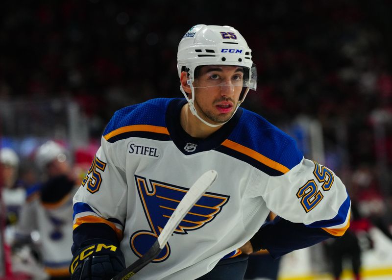 Jan 6, 2024; Raleigh, North Carolina, USA; St. Louis Blues center Jordan Kyrou (25) looks on against the Carolina Hurricanes during the second period at PNC Arena. Mandatory Credit: James Guillory-USA TODAY Sports