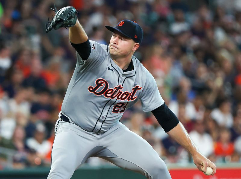 Jun 14, 2024; Houston, Texas, USA; Detroit Tigers starting pitcher Tarik Skubal (29) pitches against the Houston Astros in the first inning at Minute Maid Park. Mandatory Credit: Thomas Shea-USA TODAY Sports