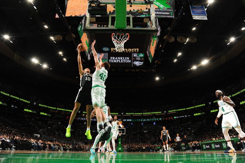 BOSTON, MA - JANUARY 17: Jeremy Sochan #10 of the San Antonio Spurs shoots the ball during the game against the Boston Celtics on January 17, 2024 at the TD Garden in Boston, Massachusetts. NOTE TO USER: User expressly acknowledges and agrees that, by downloading and or using this photograph, User is consenting to the terms and conditions of the Getty Images License Agreement. Mandatory Copyright Notice: Copyright 2024 NBAE  (Photo by Brian Babineau/NBAE via Getty Images)