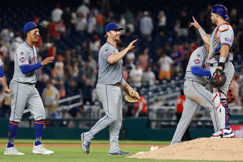 Jun 4, 2024; Washington, District of Columbia, USA; New York Mets players celebrate after their game against the Washington Nationals at Nationals Park. Mandatory Credit: Geoff Burke-USA TODAY Sports