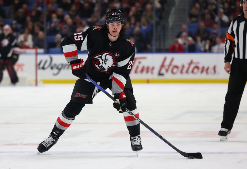 Jan 11, 2024; Buffalo, New York, USA;  Buffalo Sabres defenseman Owen Power (25) looks to make a pass during the first period against the Ottawa Senators at KeyBank Center. Mandatory Credit: Timothy T. Ludwig-USA TODAY Sports