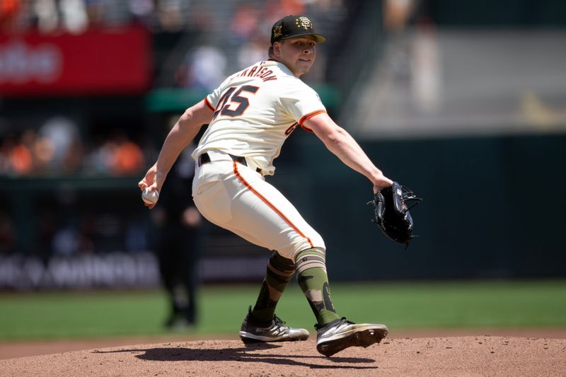 May 18, 2024; San Francisco, California, USA; San Francisco Giants starting pitcher Kyle Harrison (45) delivers a pitch against the Colorado Rockies during the first inning at Oracle Park. Mandatory Credit: D. Ross Cameron-USA TODAY Sports