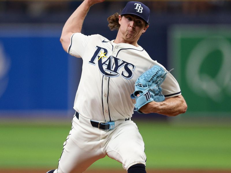 Apr 13, 2024; St. Petersburg, Florida, USA;  Tampa Bay Rays pitcher Ryan Pepiot (44) throws a pitch against the San Francisco Giants in the fourth inning at Tropicana Field. Mandatory Credit: Nathan Ray Seebeck-USA TODAY Sports