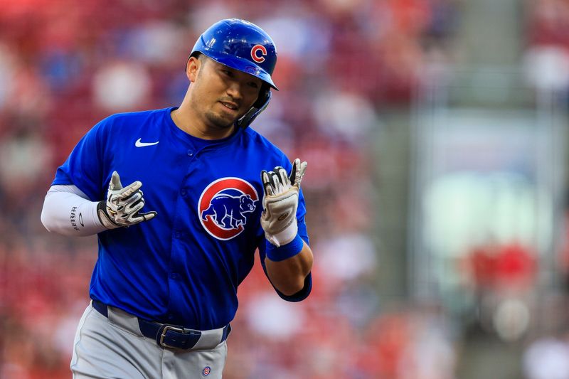 Jun 6, 2024; Cincinnati, Ohio, USA; Chicago Cubs designated hitter Seiya Suzuki (27) reacts after hitting a two-run home run in the third inning against the Cincinnati Reds at Great American Ball Park. Mandatory Credit: Katie Stratman-USA TODAY Sports