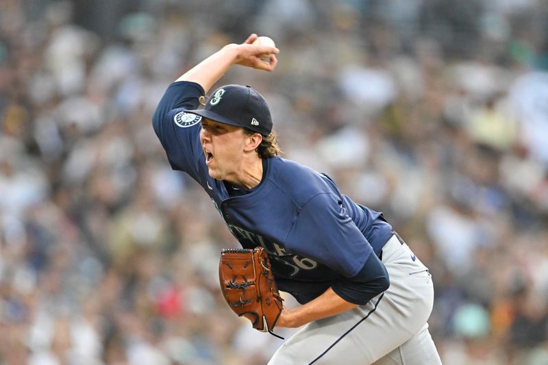 Jun 9, 2024; San Diego, California, USA; Seattle Mariners starting pitcher Logan Gilbert (36) pitches during the third inning against the San Diego Padres at Petco Park. Mandatory Credit: Denis Poroy-USA TODAY Sports at Petco Park. 