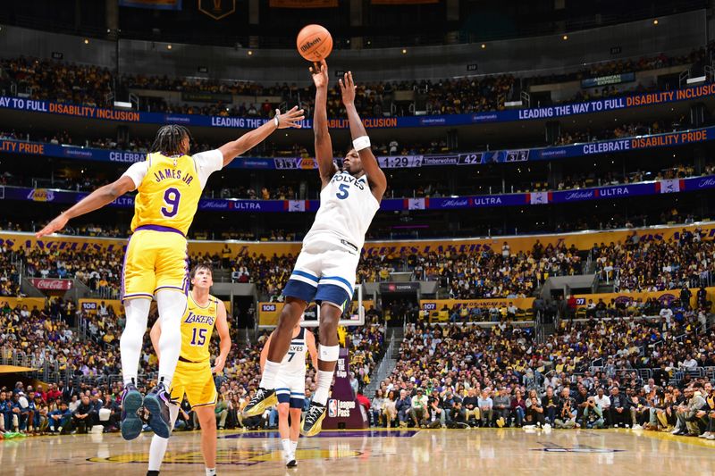 LOS ANGELES, CA - OCTOBER 22: Anthony Edwards #5 of the Minnesota Timberwolves shoots the ball during the game against the Los Angeles Lakers on October 22, 2024 at Crypto.Com Arena in Los Angeles, California. NOTE TO USER: User expressly acknowledges and agrees that, by downloading and/or using this Photograph, user is consenting to the terms and conditions of the Getty Images License Agreement. Mandatory Copyright Notice: Copyright 2024 NBAE (Photo by Adam Pantozzi/NBAE via Getty Images)