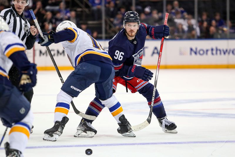 Mar 9, 2024; New York, New York, USA; New York Rangers center Jake Roslovic (96) takes a face-off against the St. Louis Blues during the second period at Madison Square Garden. Mandatory Credit: Danny Wild-USA TODAY Sports