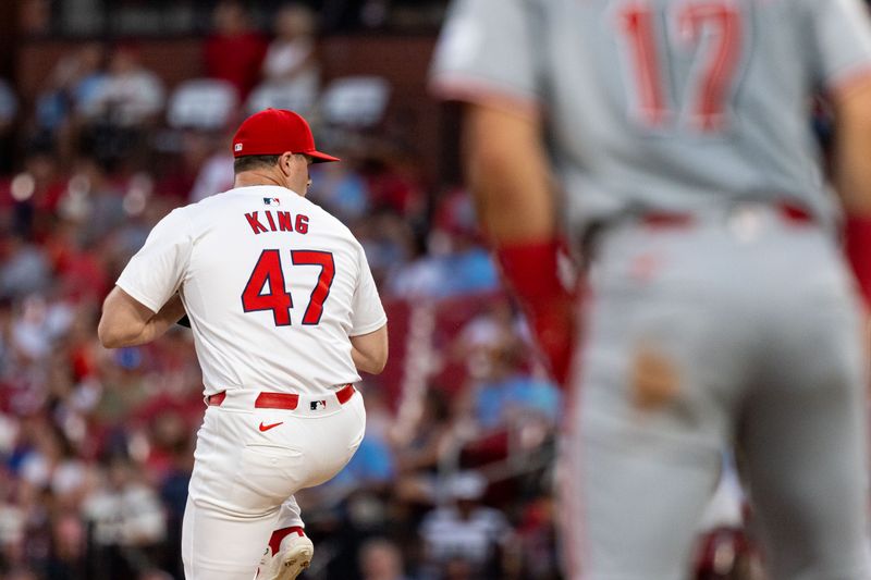 Jun 27, 2024; St. Louis, Missouri, USA; St. Louis Cardinals pitcher John King (47) pitches against the Cincinnati Reds in the fifth inning at Busch Stadium. Mandatory Credit: Zach Dalin-USA TODAY Sports