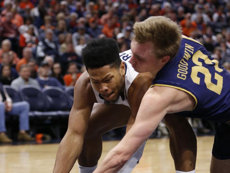 Feb 18, 2023; Charlottesville, Virginia, USA; Virginia Cavaliers forward Jayden Gardner (1) battles for the ball with Notre Dame Fighting Irish guard Dane Goodwin (23) during the second half at John Paul Jones Arena. Mandatory Credit: Amber Searls-USA TODAY Sports