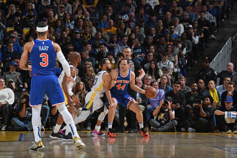 SAN FRANCISCO, CA - MARCH 18: Bojan Bogdanovic #44 of the New York Knicks dribbles the ball during the game against the Golden State Warriors on MARCH 18, 2024 at Chase Center in San Francisco, California. NOTE TO USER: User expressly acknowledges and agrees that, by downloading and or using this photograph, user is consenting to the terms and conditions of Getty Images License Agreement. Mandatory Copyright Notice: Copyright 2024 NBAE (Photo by Noah Graham/NBAE via Getty Images)