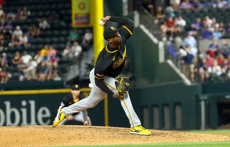 Aug 20, 2024; Arlington, Texas, USA; Pittsburgh Pirates relief pitcher Aroldis Chapman (45) throws during the eighth inning against the Texas Rangers at Globe Life Field. Mandatory Credit: Kevin Jairaj-USA TODAY Sports