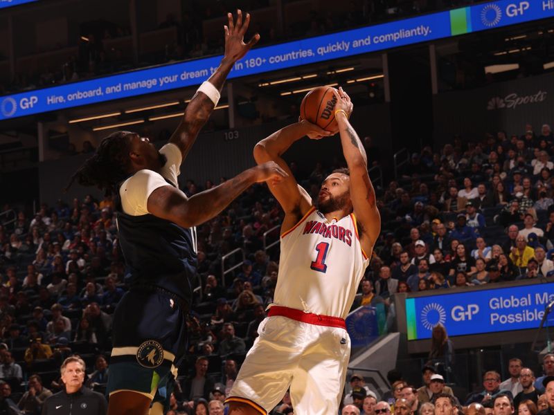 SAN FRANCISCO, CA - DECEMBER 8: Kyle Anderson #1 of the Golden State Warriors shoots the ball during the game against the Minnesota Timberwolves on October 22, 2024 at Chase Center in San Francisco, California. NOTE TO USER: User expressly acknowledges and agrees that, by downloading and or using this photograph, user is consenting to the terms and conditions of Getty Images License Agreement. Mandatory Copyright Notice: Copyright 2024 NBAE (Photo by Jed Jacobsohn/NBAE via Getty Images)