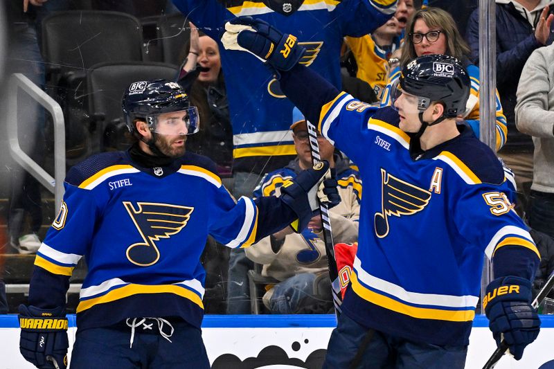 Feb 19, 2024; St. Louis, Missouri, USA;  St. Louis Blues left wing Brandon Saad (20) is congratulated by defenseman Colton Parayko (55) after scoring against the Toronto Maple Leafs during the second period at Enterprise Center. Mandatory Credit: Jeff Curry-USA TODAY Sports