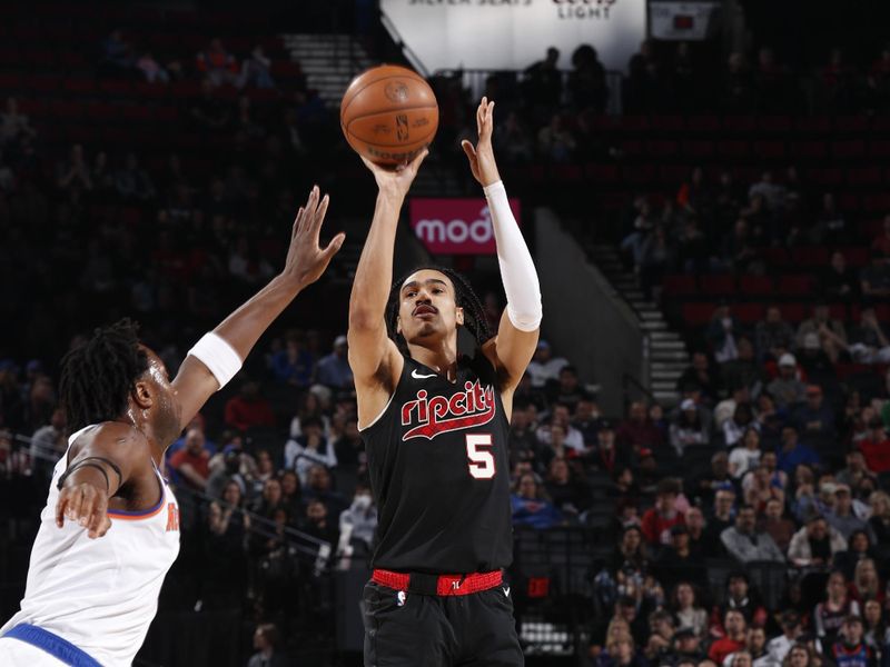 PORTLAND, OR - MARCH 14: Dalano Banton #5 of the Portland Trail Blazers shoots the ball during the game against the New York Knicks on March 14, 2024 at the Moda Center Arena in Portland, Oregon. NOTE TO USER: User expressly acknowledges and agrees that, by downloading and or using this photograph, user is consenting to the terms and conditions of the Getty Images License Agreement. Mandatory Copyright Notice: Copyright 2024 NBAE (Photo by Cameron Browne/NBAE via Getty Images)