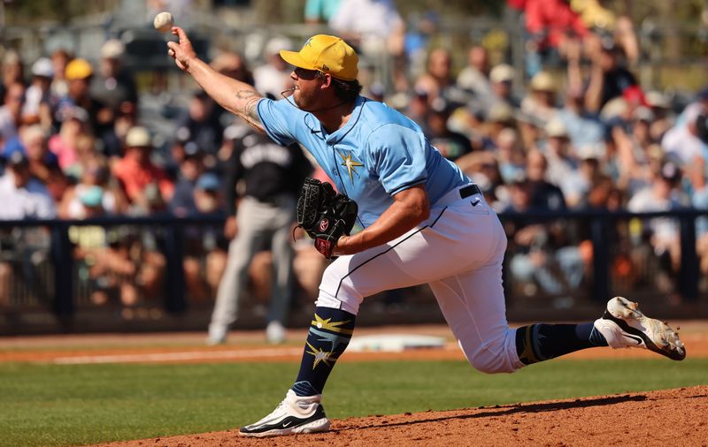 Feb 27, 2024; Port Charlotte, Florida, USA; Tampa Bay Rays pitcher Zac Houston (79)  throws a pitch during the fifth inning against the New York Yankees at Charlotte Sports Park. Mandatory Credit: Kim Klement Neitzel-USA TODAY Sports