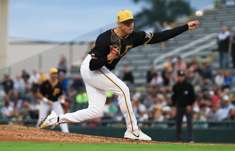Mar 12, 2026; Bradenton, Florida, USA;  Pittsburgh Pirates pitcher Evan Sisk (48) throws a pitch during the sixth inning against the Atlanta Braves at LECOM Park. Mandatory Credit: Kim Klement Neitzel-Imagn Images