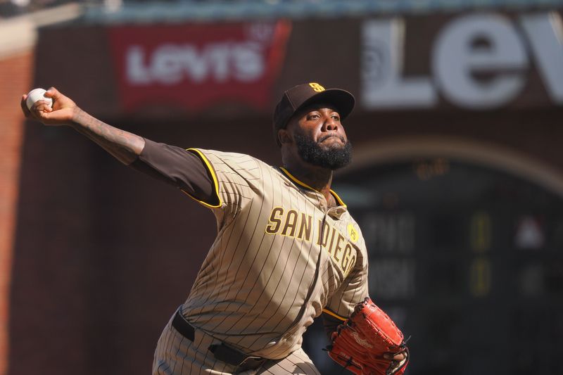 Apr 5, 2024; San Francisco, California, USA; San Diego Padres relief pitcher Enyel De Los Santos (62) pitches the ball against the San Francisco Giants during the ninth inning at Oracle Park. Mandatory Credit: Kelley L Cox-USA TODAY Sports