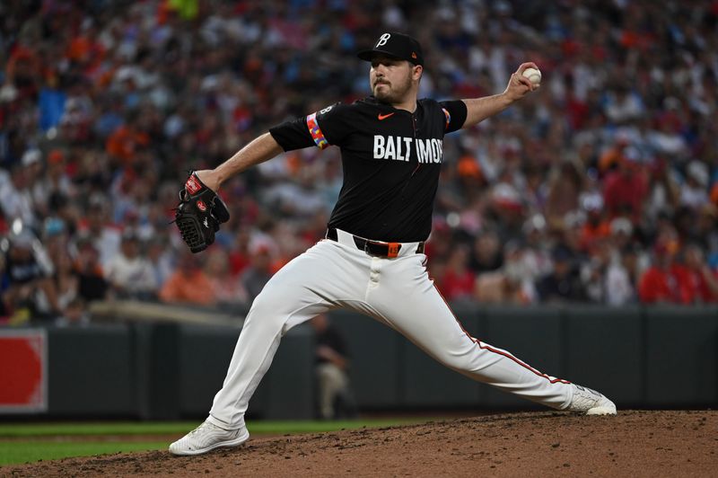 Jun 14, 2024; Baltimore, Maryland, USA;  Baltimore Orioles pitcher Keegan Akin (45) throws a sixth inning pitch against the Philadelphia Phillies at Oriole Park at Camden Yards. Mandatory Credit: Tommy Gilligan-USA TODAY Sports