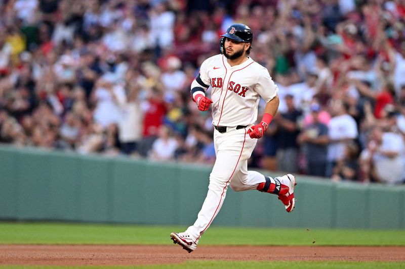 Aug 14, 2024; Boston, Massachusetts, USA; Boston Red Sox outfielder Wilyer Abreu (52) runs the bases after hitting a solo home run against the Texas Rangers during the sixth inning at Fenway Park. Mandatory Credit: Brian Fluharty-USA TODAY Sports