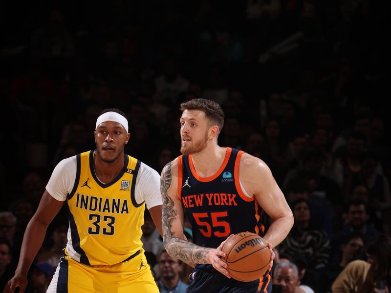 NEW YORK, NY - FEBRUARY 1: Isaiah Hartenstein #55 of the New York Knicks dribbles the ball during the game against the Indiana Pacers on February 1, 2024 at Madison Square Garden in New York City, New York.  NOTE TO USER: User expressly acknowledges and agrees that, by downloading and or using this photograph, User is consenting to the terms and conditions of the Getty Images License Agreement. Mandatory Copyright Notice: Copyright 2024 NBAE  (Photo by Nathaniel S. Butler/NBAE via Getty Images)