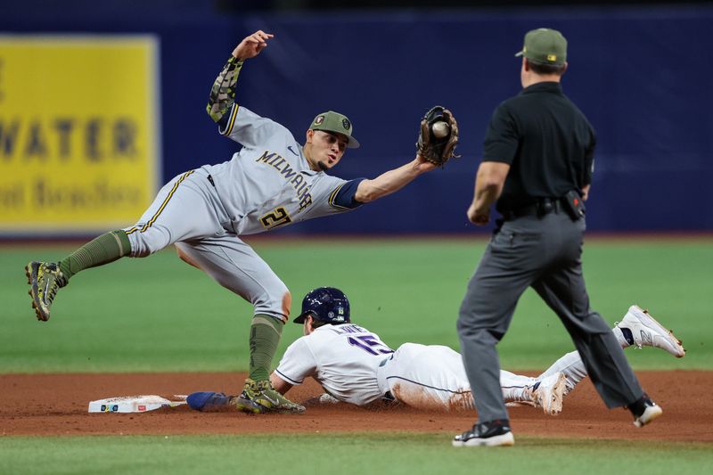 May 19, 2023; St. Petersburg, Florida, USA;  Tampa Bay Rays right fielder Josh Lowe (15) steals second base against the Milwaukee Brewers in the eight inning at Tropicana Field. Mandatory Credit: Nathan Ray Seebeck-USA TODAY Sports