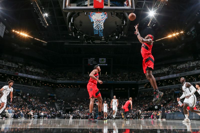 BROOKLYN, NY - OCTOBER 18: Immanuel Quickley #5 of the Toronto Raptors shoots the ball during the game on October 18, 2024 at Barclays Center in Brooklyn, New York. NOTE TO USER: User expressly acknowledges and agrees that, by downloading and or using this Photograph, user is consenting to the terms and conditions of the Getty Images License Agreement. Mandatory Copyright Notice: Copyright 2024 NBAE (Photo by Nathaniel S. Butler/NBAE via Getty Images)