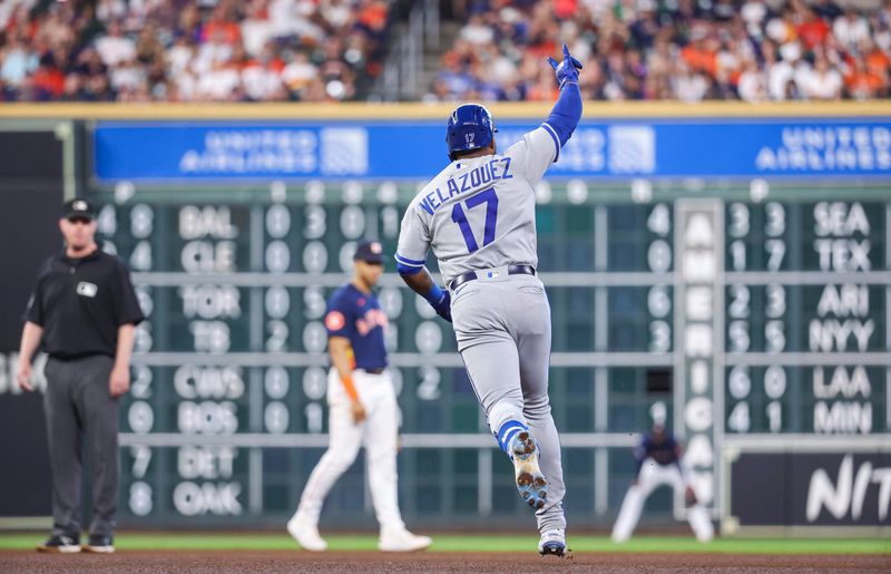 Sep 24, 2023; Houston, Texas, USA; Kansas City Royals right fielder Nelson Velazquez (17) celebrates while rounding the bases after hitting a home run during the third inning against the Houston Astros at Minute Maid Park. Mandatory Credit: Troy Taormina-USA TODAY Sports