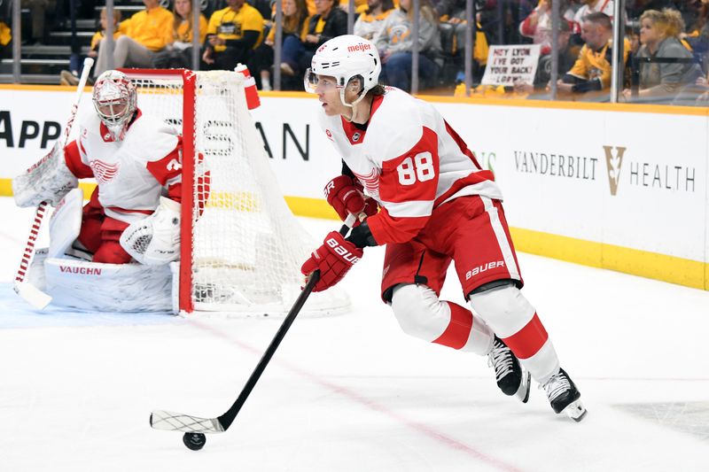 Mar 23, 2024; Nashville, Tennessee, USA; Detroit Red Wings right wing Patrick Kane (88) skates with the puck during the first period against the Nashville Predators at Bridgestone Arena. Mandatory Credit: Christopher Hanewinckel-USA TODAY Sports