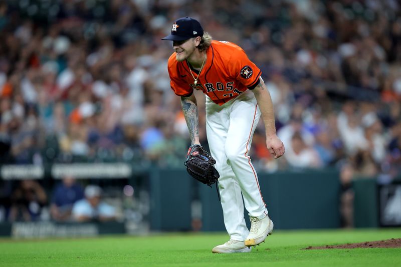 May 23, 2025; Houston, Texas, USA; Houston Astros relief pitcher Josh Hader (71) reacts after retiring the side against the Seattle Mariners during the ninth inning at Daikin Park. Mandatory Credit: Erik Williams-Imagn Images