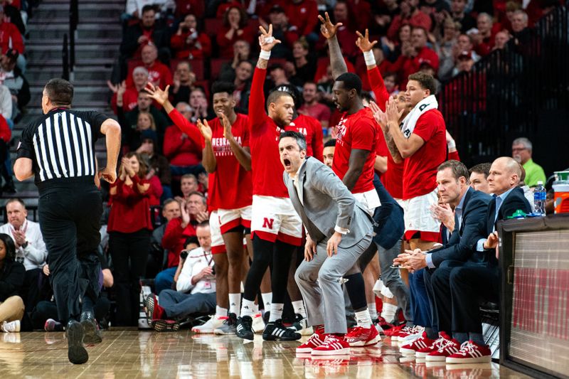 Jan 23, 2024; Lincoln, Nebraska, USA; The Nebraska Cornhuskers react after a 3-point shot by guard Brice Williams (3) against the Ohio State Buckeyes during the first half at Pinnacle Bank Arena. Mandatory Credit: Dylan Widger-USA TODAY Sports