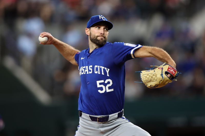 Jun 22, 2024; Arlington, Texas, USA; Kansas City Royals starting pitcher Michael Wacha (52) throws a pitch in the first inning against the Texas Rangers  at Globe Life Field. Mandatory Credit: Tim Heitman-USA TODAY Sports