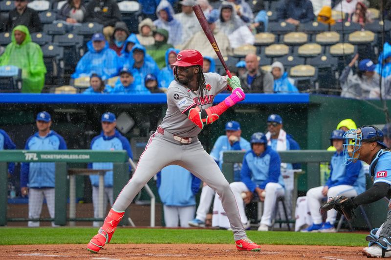 May 26, 2025; Kansas City, Missouri, USA; Cincinnati Reds designated hitter Elly De La Cruz (44) at bat against the Kansas City Royals in the first inning at Kauffman Stadium. Mandatory Credit: Denny Medley-Imagn Images