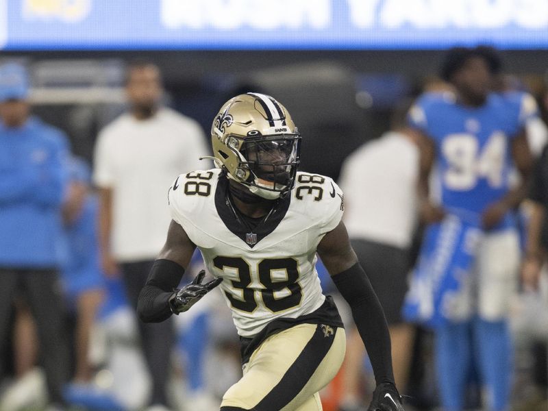 New Orleans Saints safety Smoke Monday (38) runs during an NFL preseason football game against the Los Angeles Chargers, Sunday, Aug. 20, 2023, in Inglewood, Calif. (AP Photo/Kyusung Gong)