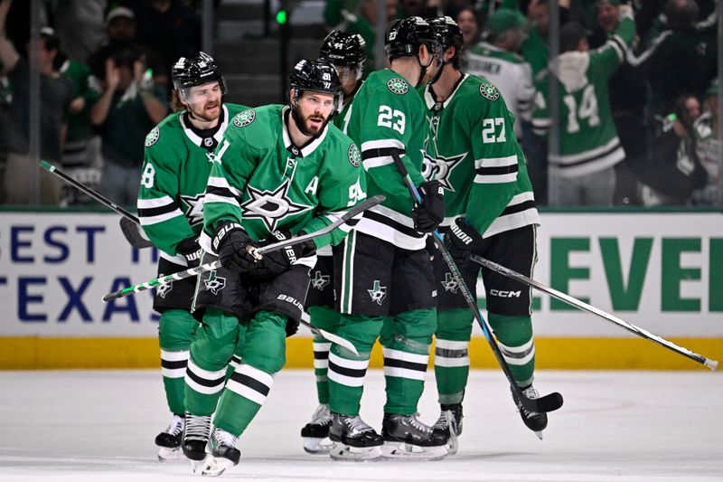 May 21, 2025; Dallas, Texas, USA; Dallas Stars center Tyler Seguin (91) reacts after scoring a goal against Edmonton Oilers in the first period during game one of the Western Conference Final of the 2025 Stanley Cup Playoffs at American Airlines Center. Mandatory Credit: Jerome Miron-Imagn Images