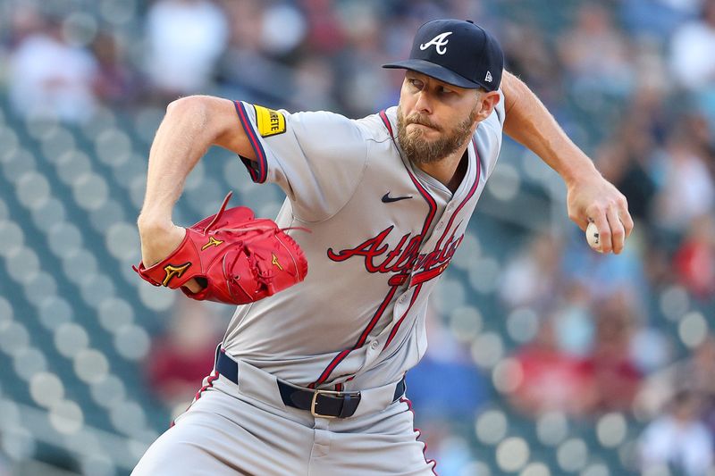 Aug 28, 2024; Minneapolis, Minnesota, USA; Atlanta Braves starting pitcher Chris Sale (51) delivers a pitch against the Minnesota Twins during the second inning at Target Field. Mandatory Credit: Matt Krohn-USA TODAY Sports