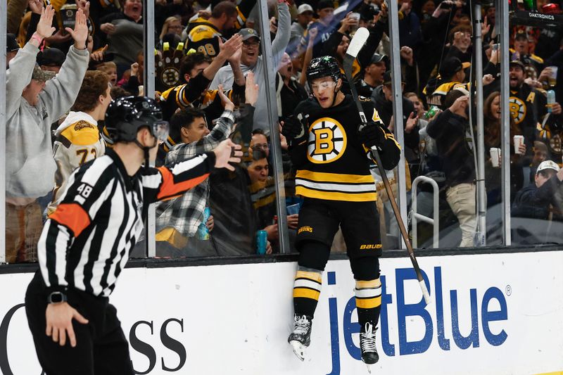 Oct 13, 2025; Boston, Massachusetts, USA; Boston Bruins defenseman Jordan Harris (43) celebrates his goal against the Tampa Bay Lightning during the second period at TD Garden. Mandatory Credit: Winslow Townson-Imagn Images