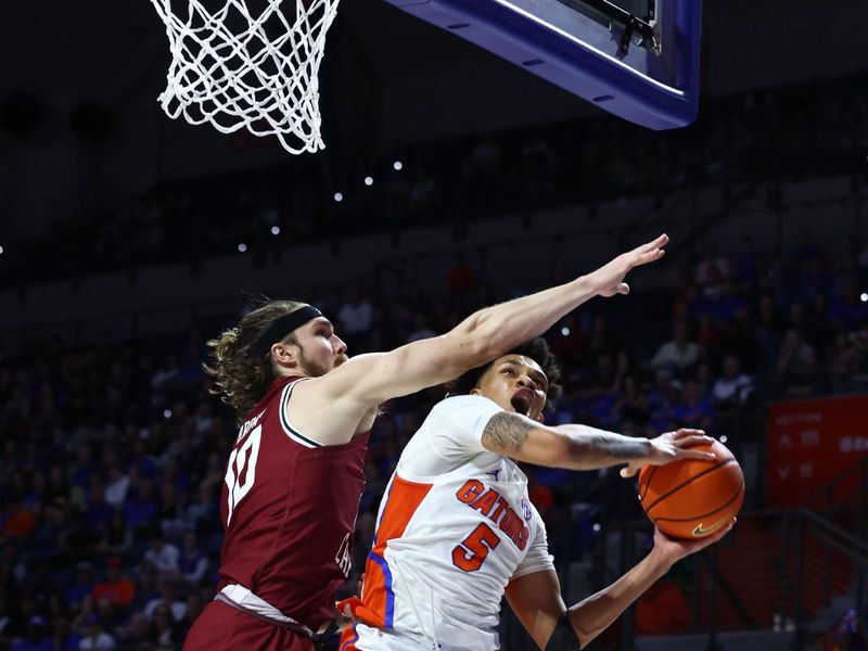 Jan 25, 2023; Gainesville, Florida, USA; Florida Gators guard Will Richard (5) is fouled by South Carolina Gamecocks forward Hayden Brown (10) during the second half at Exactech Arena at the Stephen C. O'Connell Center. Mandatory Credit: Kim Klement-USA TODAY Sports