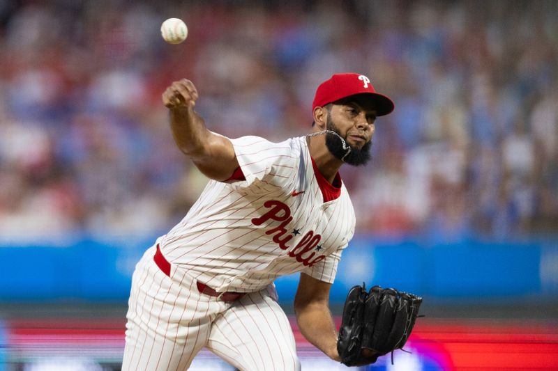 Jul 9, 2024; Philadelphia, Pennsylvania, USA; Philadelphia Phillies pitcher Seranthony Domínguez (58) throws a pitch during the sixth inning against the Los Angeles Dodgers at Citizens Bank Park. Mandatory Credit: Bill Streicher-USA TODAY Sports