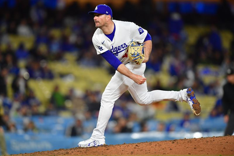 Apr 13, 2024; Los Angeles, California, USA; Los Angeles Dodgers pitcher Daniel Hudson (41) throws against the San Diego Padres during the eighth inning at Dodger Stadium. Mandatory Credit: Gary A. Vasquez-USA TODAY Sports