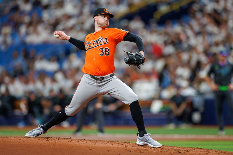 Jun 8, 2024; St. Petersburg, Florida, USA;  Baltimore Orioles pitcher Kyle Bradish (38) throws a pitch against the Tampa Bay Rays in the first inning at Tropicana Field. Mandatory Credit: Nathan Ray Seebeck-USA TODAY Sports