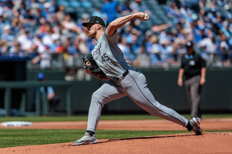 Apr 7, 2024; Kansas City, Missouri, USA; Chicago White Sox pitcher Garrett Crochet (45) pitching during the first inning against the Kansas City Royals at Kauffman Stadium. Mandatory Credit: William Purnell-USA TODAY Sports