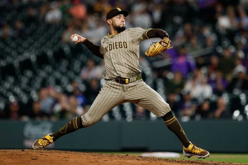 May 9, 2025; Denver, Colorado, USA; San Diego Padres relief pitcher Robert Suarez (75) pitches in the ninth inning against the Colorado Rockies at Coors Field. Mandatory Credit: Isaiah J. Downing-Imagn Images